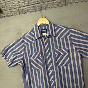 Wrangler Western Shirts Mens L Blue Striped Short Sleeve Button Up